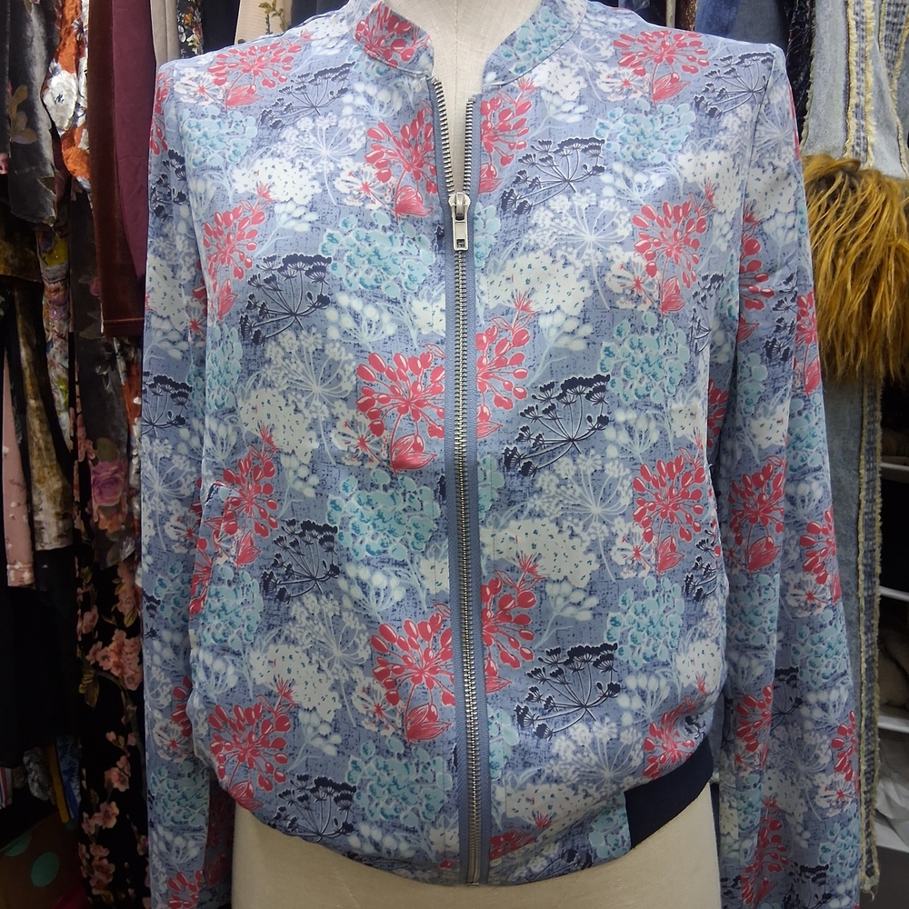 Skies Are Blue Floral Bomber Jacket in Light Blue with Coral Accents
